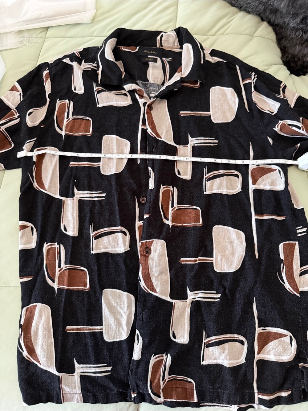 #0114 Men's Short-Sleeve Button-Down Shirt - Black with Brown & Cream Print